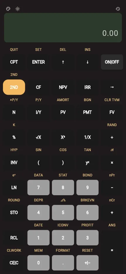 MBA Calc interface with theme controls, calculation history, and a clear 0.00 display